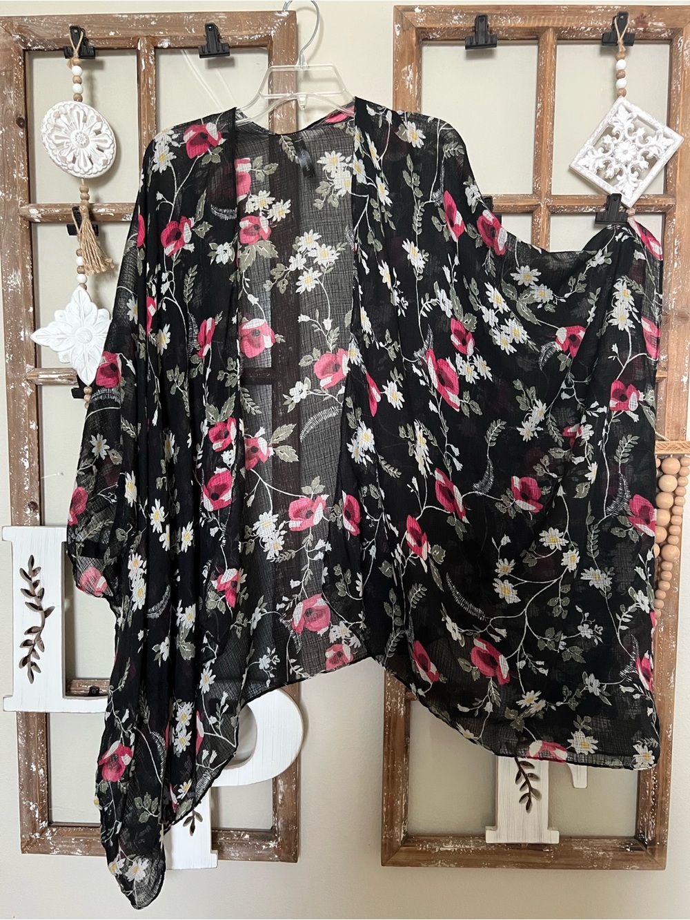 Lane Bryant Black Sheer Kimono Cardigan with Pink & White Floral Print